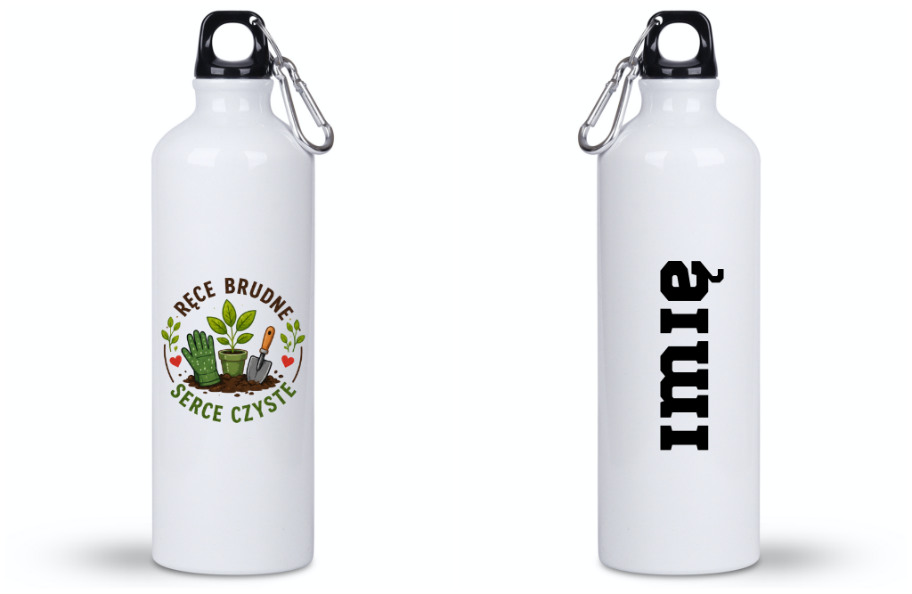 Butelka biała 800 ml z nadrukiem „Ręce brudne, serce czyste” – działka, ogród #1