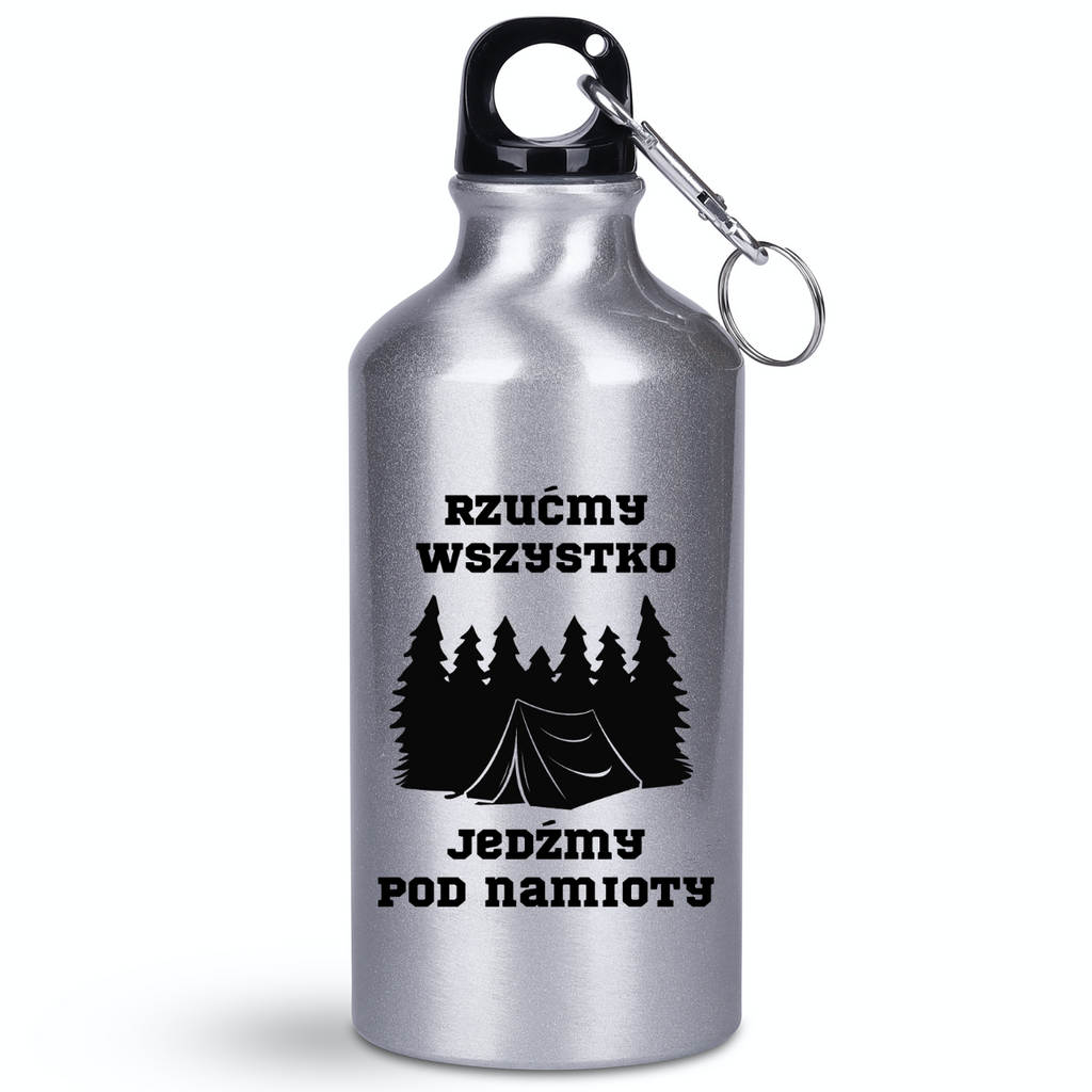 Butelka srebrna 400 ml z nadrukiem „Rzućmy wszystko, jedźmy pod namioty” – camping, namiot #10