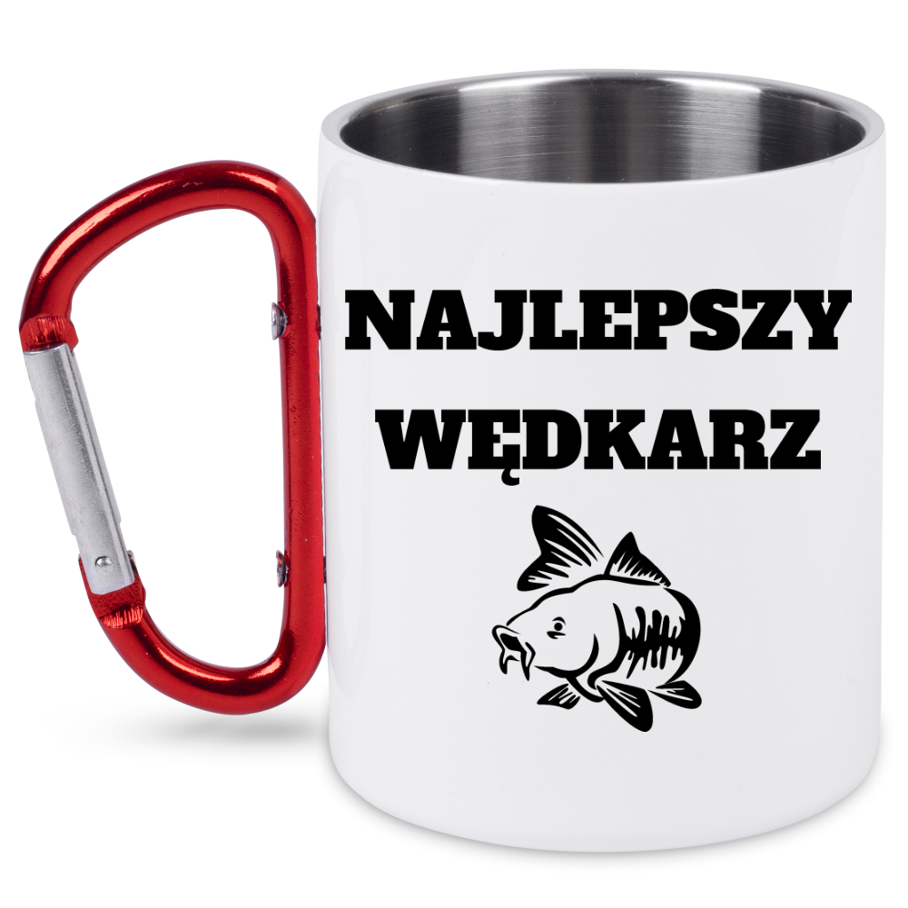 Kubek biały z czerwonym karabińczykiem i nadrukiem "Najlepszy wędkarz" – wędkarstwo #8