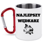 Kubek biały z czerwonym karabińczykiem i nadrukiem "Najlepszy wędkarz" – wędkarstwo #8