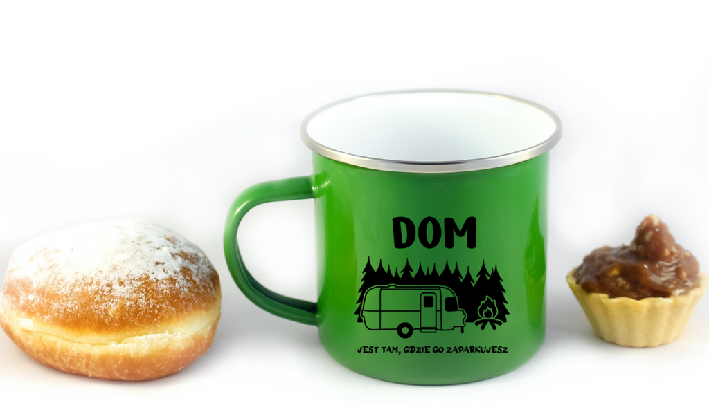 Kubek emaliowany zielony z nadrukiem "Dom jest tam, gdzie go zaparkujesz" – camping #6