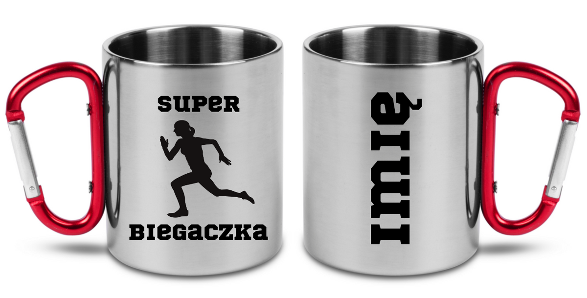 Kubek z czerwonym karabińczykiem – nadruk "Super Biegaczka" – bieganie #8