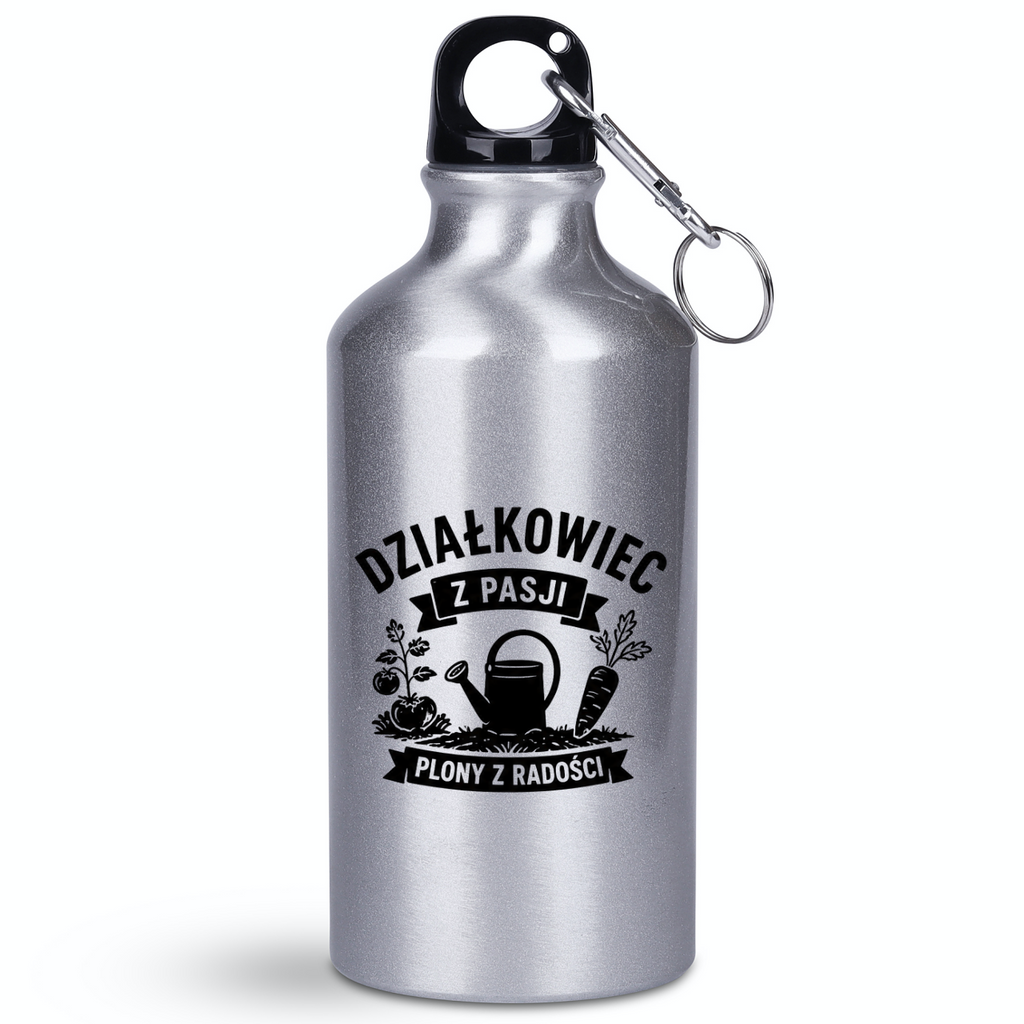Butelka srebrna 400 ml z nadrukiem "Działkowiec z pasji, plony z radości" - do ogrodu #1
