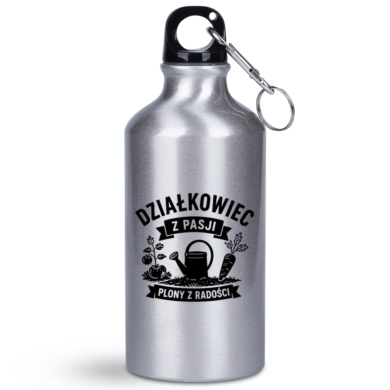 Butelka srebrna 400 ml z nadrukiem "Działkowiec z pasji, plony z radości" - do ogrodu #1