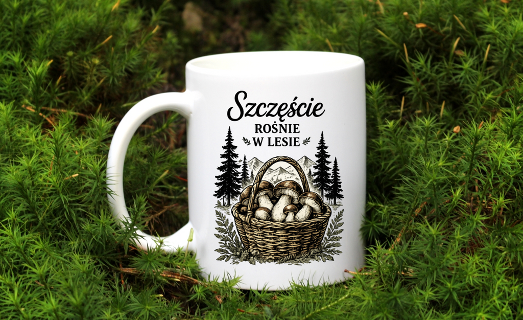 Kubek biały z nadrukiem „Szczęście rośnie w lesie” – grzyby #8