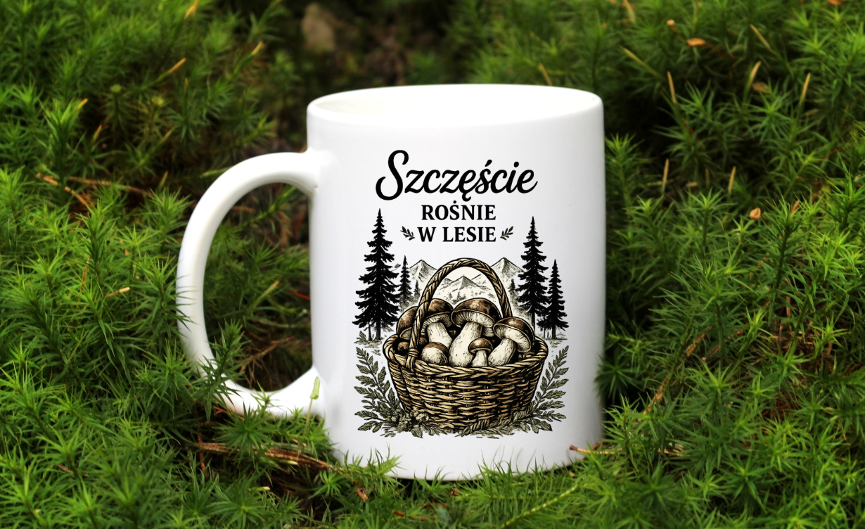 Kubek biały z nadrukiem „Szczęście rośnie w lesie” – grzyby #8