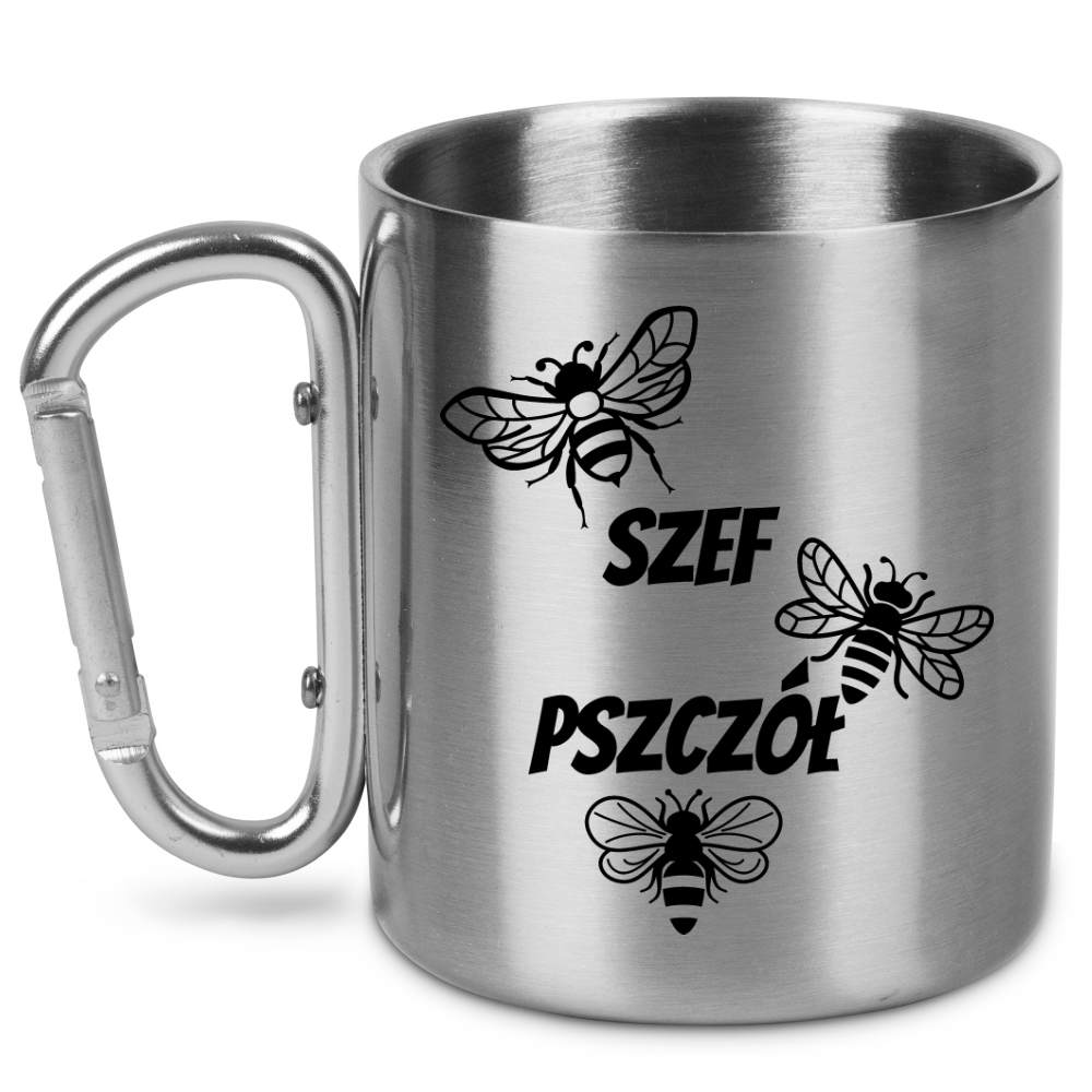Kubek metalowy ze srebrnym karabińczykiem i nadrukiem "Szef pszczół" #3