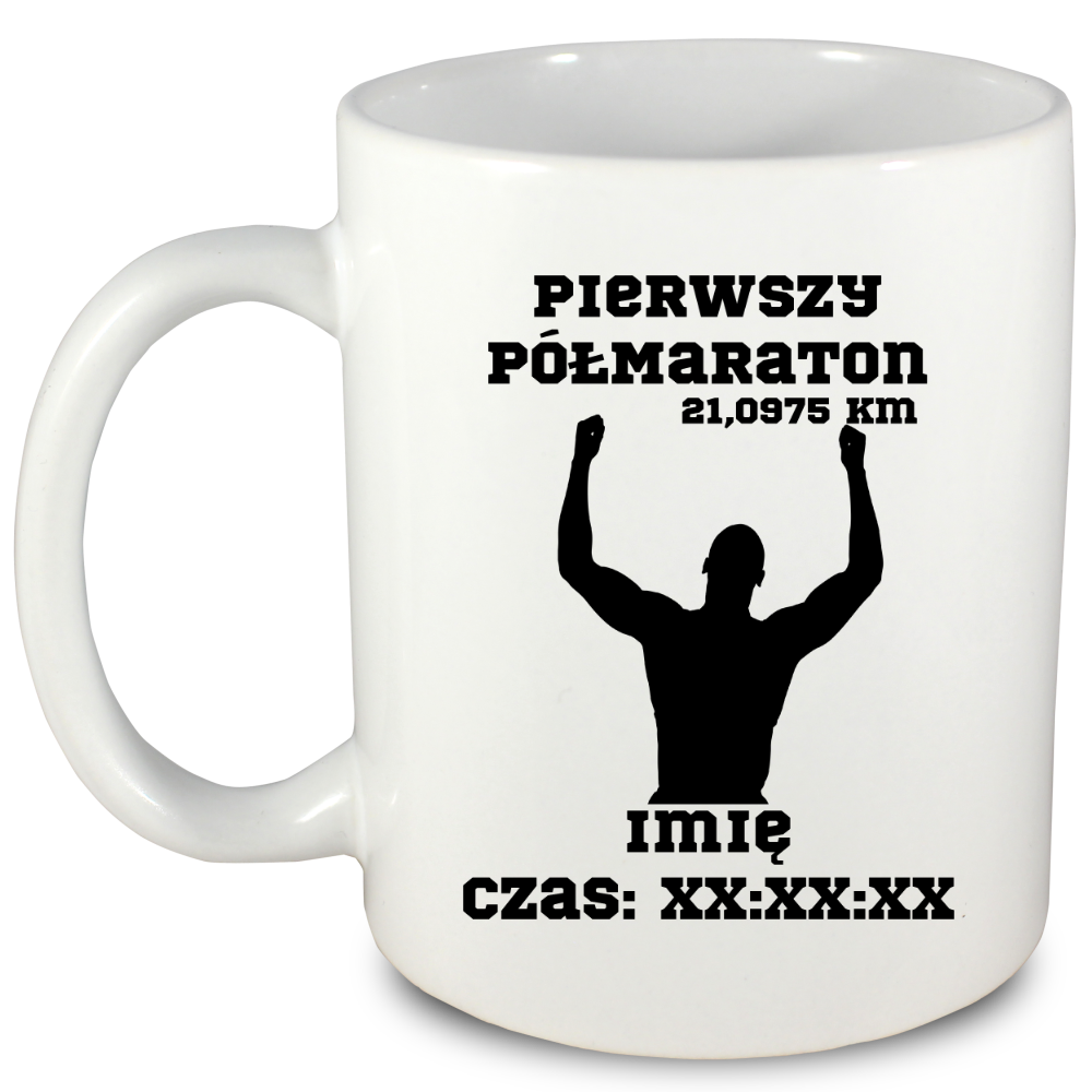 Kubek biały pamiątka po pierwszym półmaratonie + czas i imię – bieganie #9