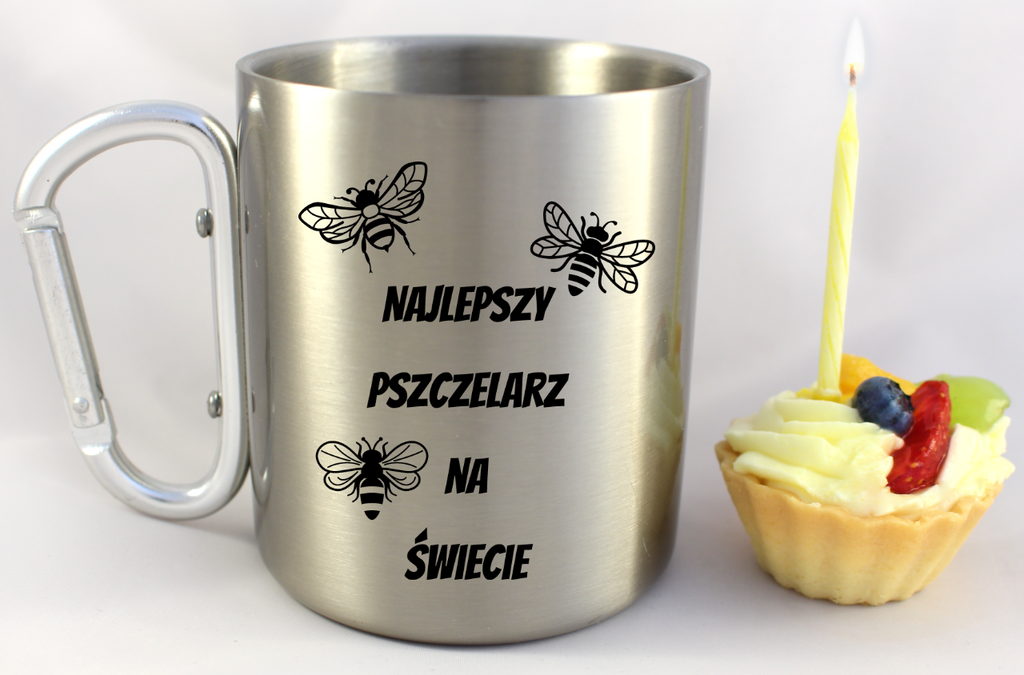 Kubek metalowy ze srebrnym karabińczykiem i nadrukiem "Najlepszy pszczelarz na świecie" #1