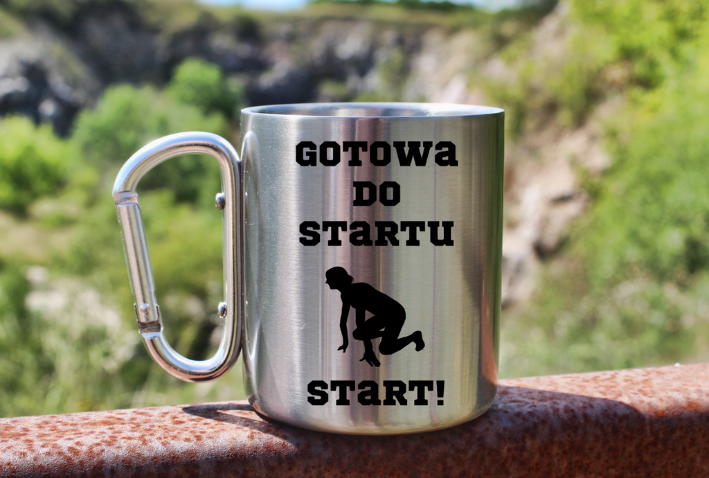 Kubek ze srebrnym karabińczykiem – z nadrukiem "Gotowa do startu start!" – dla pań, bieganie #5