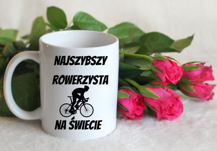 Kubek biały z nadrukiem „Najszybszy rowerzysta na świecie” – dla rowerzysty #12