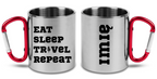 Kubek z czerwonym karabińczykiem i nadrukiem „Eat Sleep Travel Repeat” – podróże, wyprawy #5