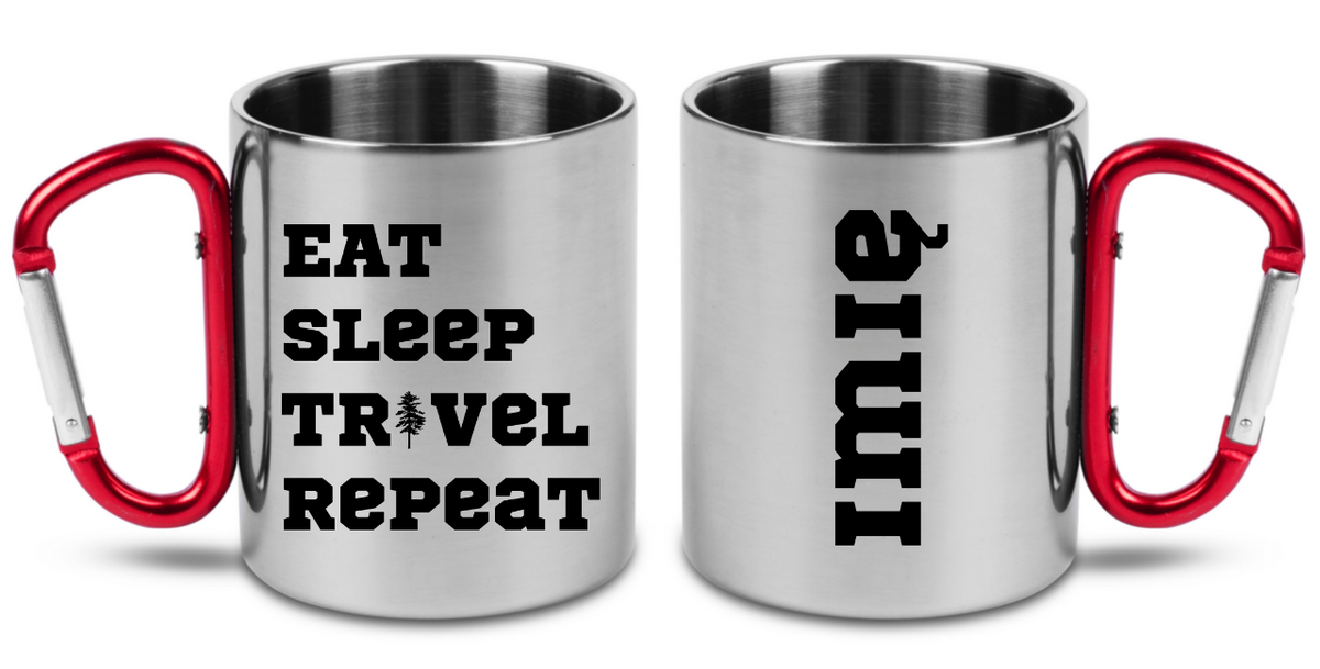 Kubek z czerwonym karabińczykiem i nadrukiem „Eat Sleep Travel Repeat” – podróże, wyprawy #5