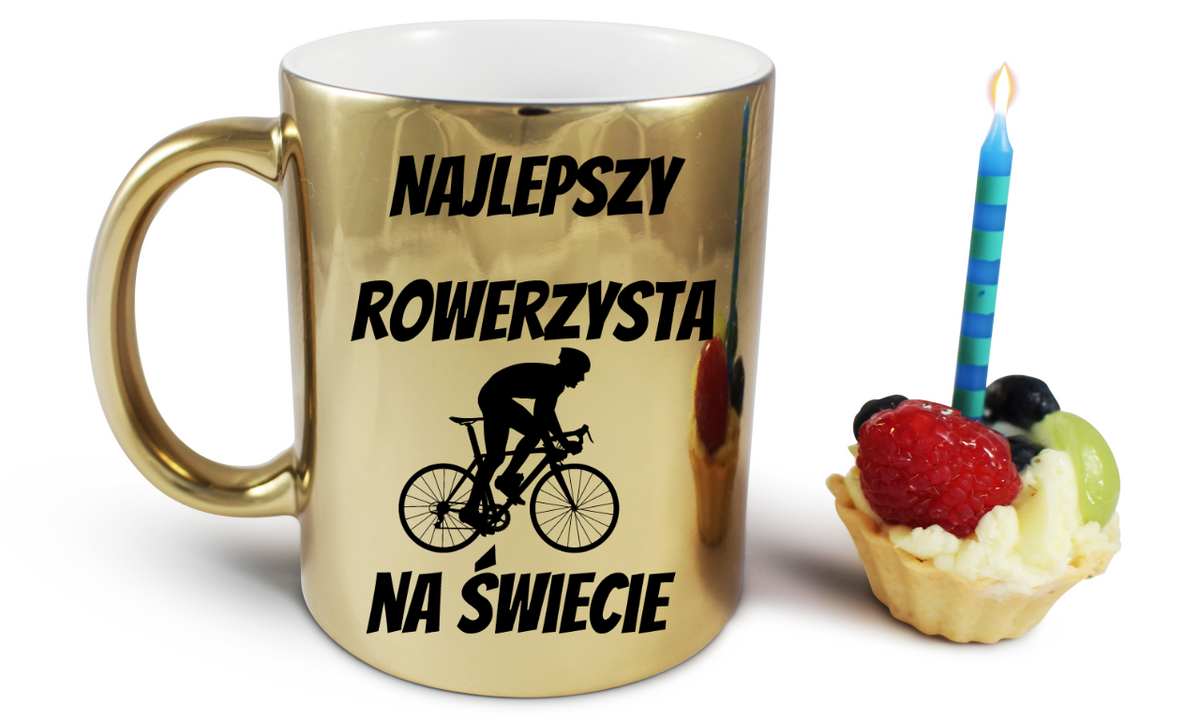 Kubek złoty z nadrukiem „Najlepszy rowerzysta na świecie” – dla rowerzysty #11