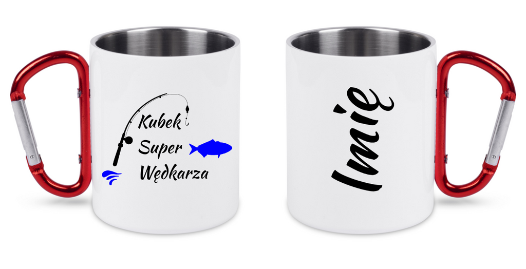 Kubek biały z czerwonym karabińczykiem i nadrukiem "Kubek Super Wędkarza" #1