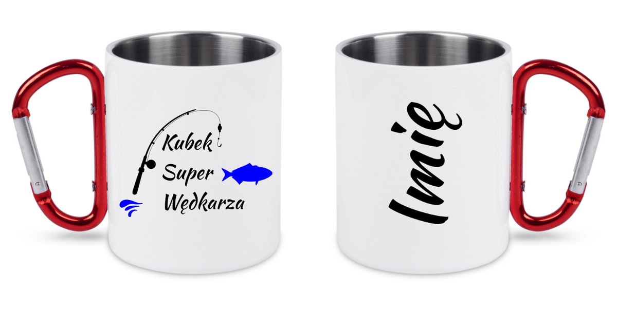 Kubek biały z czerwonym karabińczykiem i nadrukiem "Kubek Super Wędkarza" #1