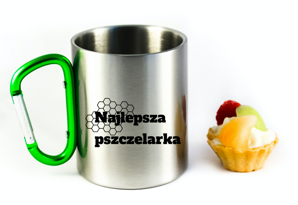 Kubek srebrny 300 ml z zielonym karabińczykiem i nadrukiem „Najlepsza pszczelarka” #6