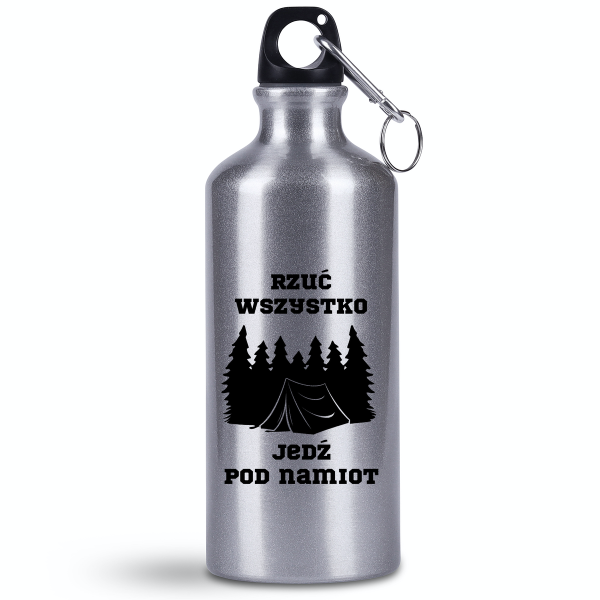 Bidon srebrny 500 ml z nadrukiem „Rzuć wszystko, jedź pod namiot” – namioty, camping, wyprawa #8