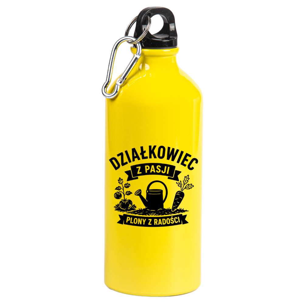 Butelka żółta 600 ml z nadrukiem „Działkowiec z pasji plany z radości” – na działkę #1