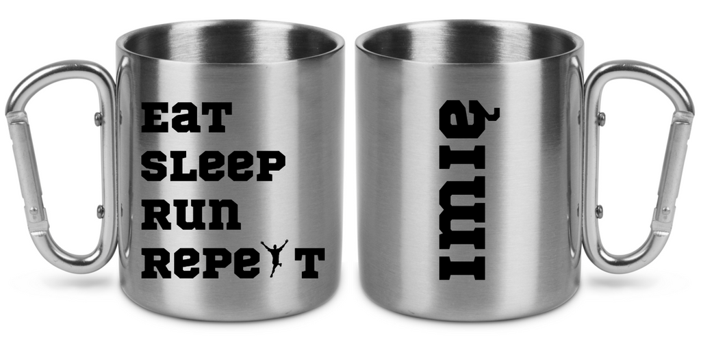 Kubek ze srebrnym karabińczykiem – z nadrukiem "Eat Sleep Run Repeat" – dla panów, bieganie #11