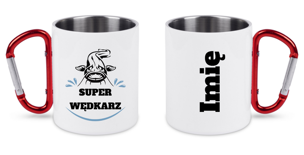 Kubek biały z czerwonym karabińczykiem i nadrukiem "Super wędkarz" – wędkarstwo #9