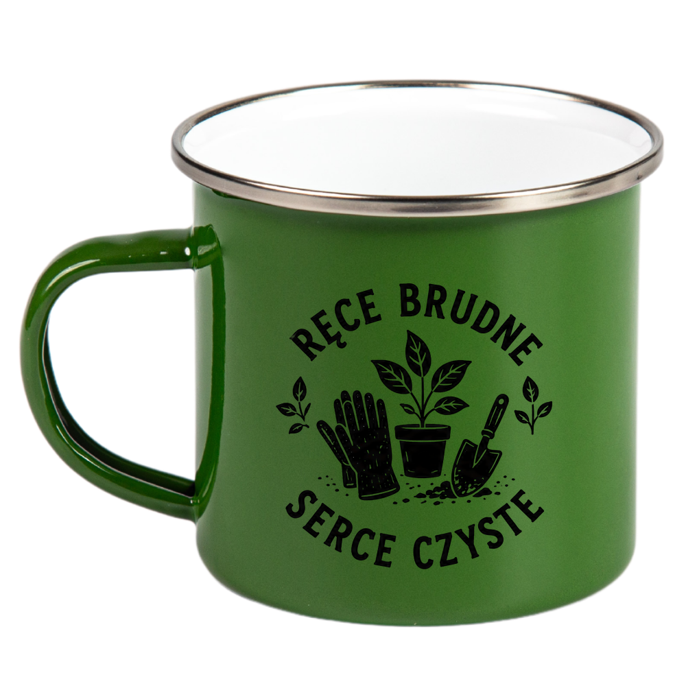 Kubek emaliowany zielony z nadrukiem "Ręce brudne, serce czyste" - działka, ogród #3
