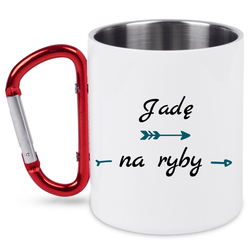 Kubek biały z czerwonym karabińczykiem i nadrukiem "Jadę na ryby" #3