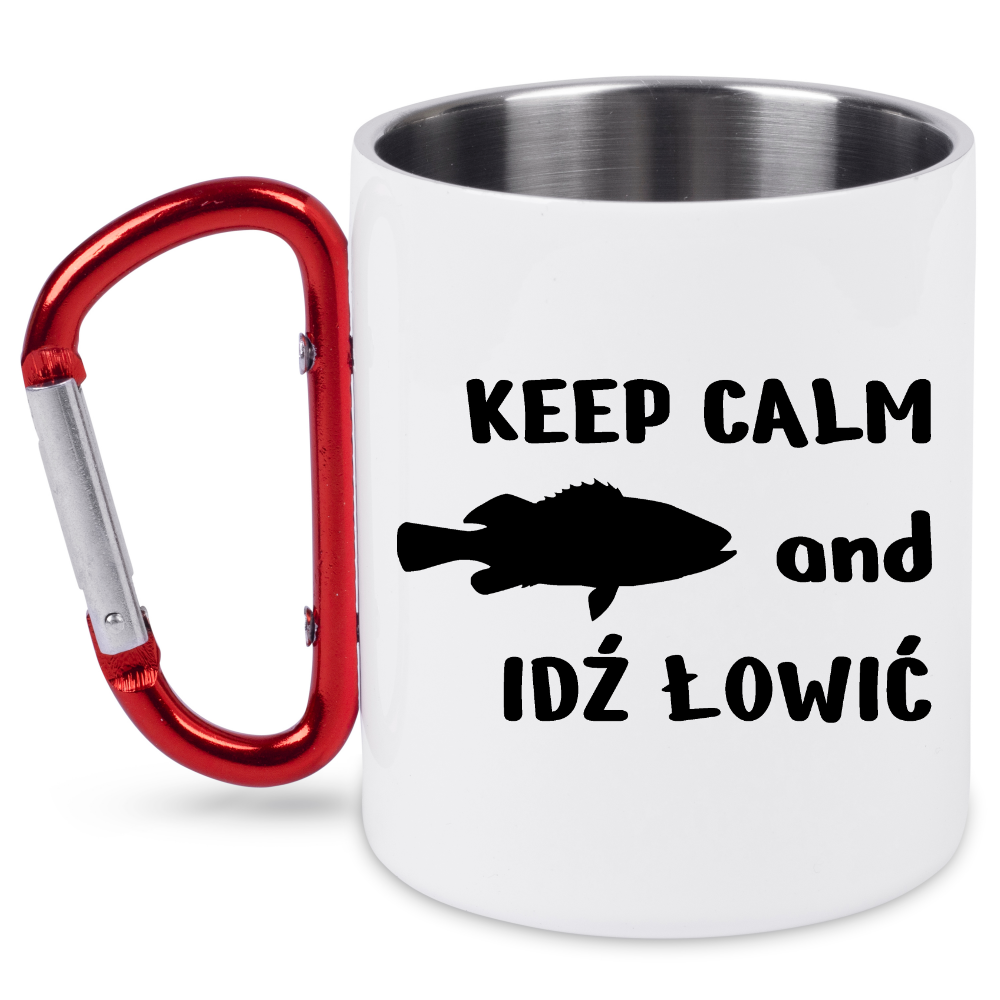 Kubek biały z czerwonym karabińczykiem i nadrukiem "KEEP CALM and IDŹ ŁOWIĆ" – wędkarstwo #6