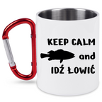 Kubek biały z czerwonym karabińczykiem i nadrukiem "KEEP CALM and IDŹ ŁOWIĆ" – wędkarstwo #6