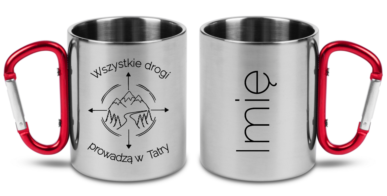 Kubek z czerwonym karabińczykiem i nadrukiem "Wszystkie drogi prowadzą w Tatry" - Zakopane, Podhale, góry #6