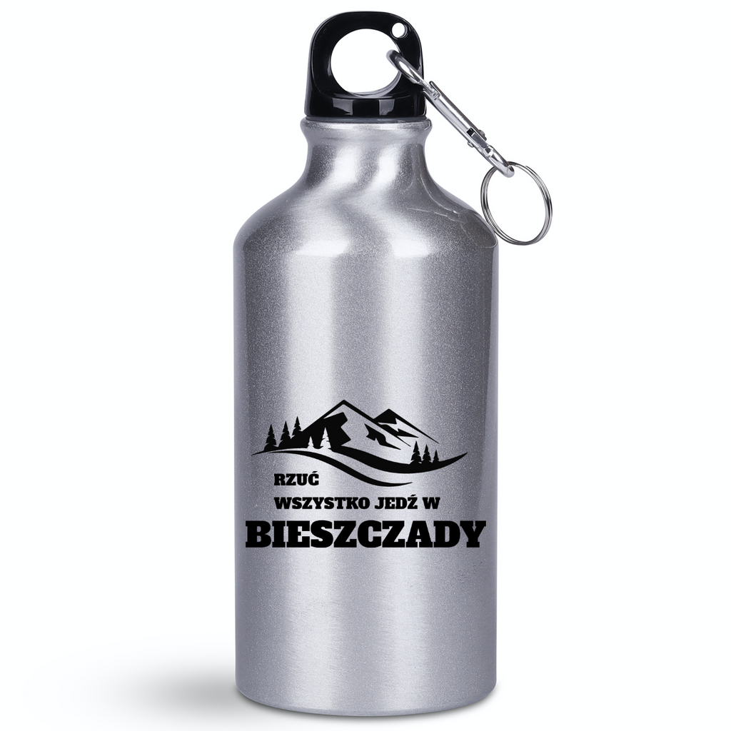 Butelka srebrna 400 ml z nadrukiem „Rzuć wszystko, jedź w Bieszczady” – góry #2