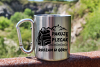 Kubek karabińczyk srebrny z nadrukiem „Pakuję plecak, ruszam w góry” #2