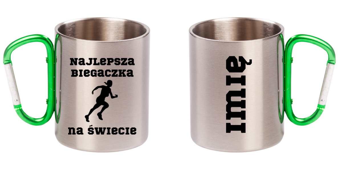 Kubek z karabińczykiem zielonym z nadrukiem "Najlepsza Biegaczka na Świecie" – bieganie #2