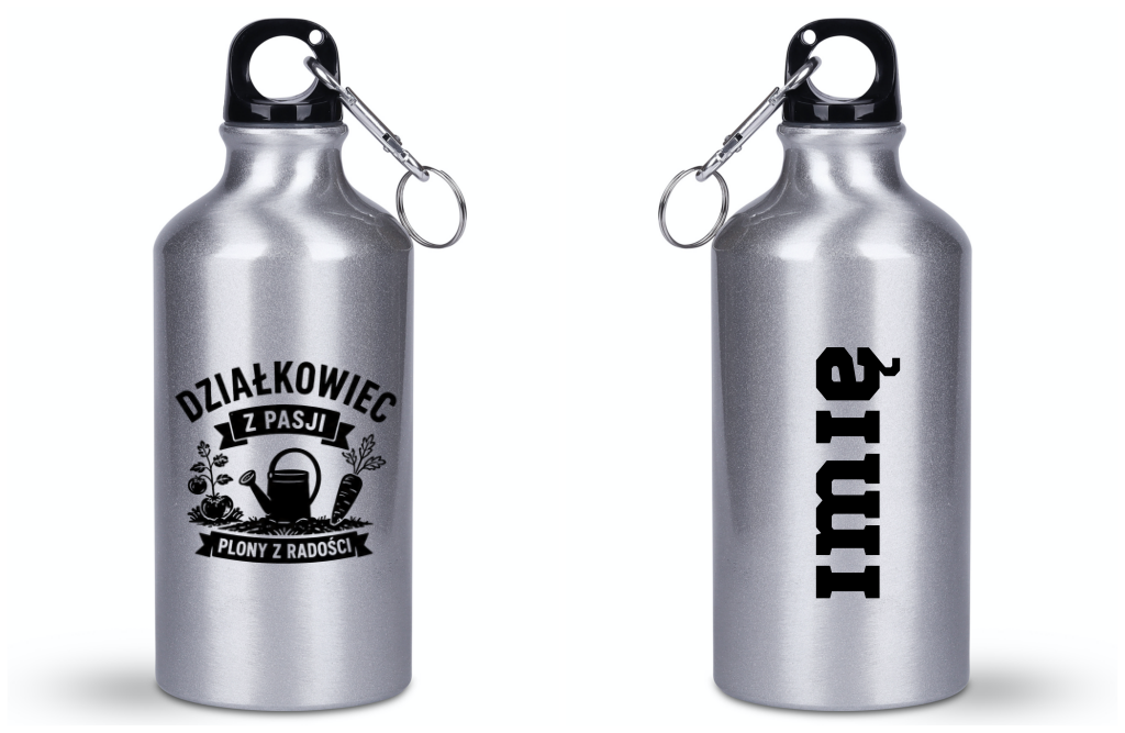 Butelka srebrna 400 ml z nadrukiem "Działkowiec z pasji, plony z radości" - do ogrodu #1