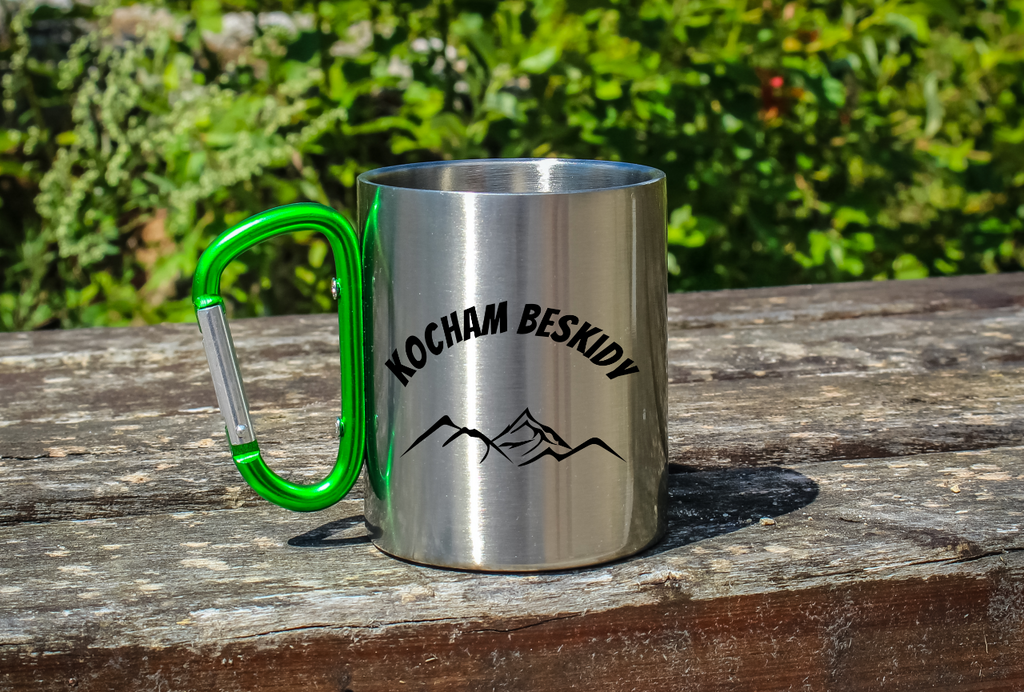Kubek z zielonym karabińczykiem i nadrukiem "Kocham Beskidy" - góry #1