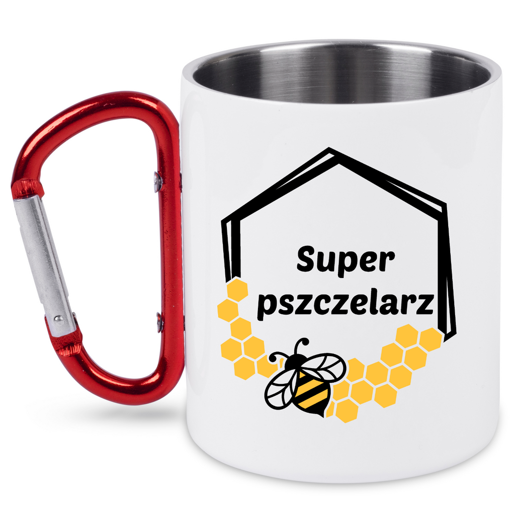 Kubek biały z czerwonym karabińczykiem i nadrukiem „Super pszczelarz” – pszczelarstwo #11