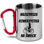 Kubek z czerwonym karabińczykiem i nadrukiem „Najszybsza rowerzystka na świecie” – dla rowerzystki #8