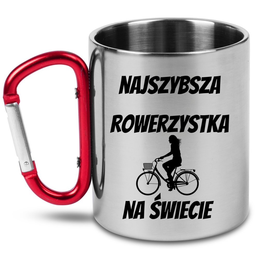 Kubek z czerwonym karabińczykiem i nadrukiem „Najszybsza rowerzystka na świecie” – dla rowerzystki #8