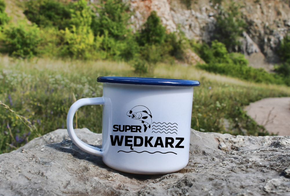 Kubek emaliowany biały z nadrukiem "Super wędkarz" #11