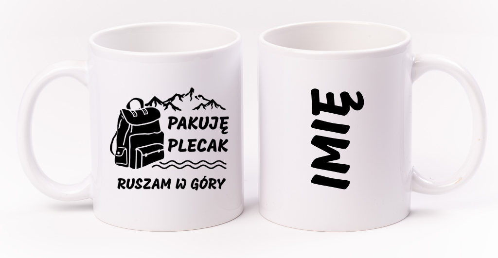 Kubek biały z nadrukiem „Pakuję plecak, ruszam w góry” #3
