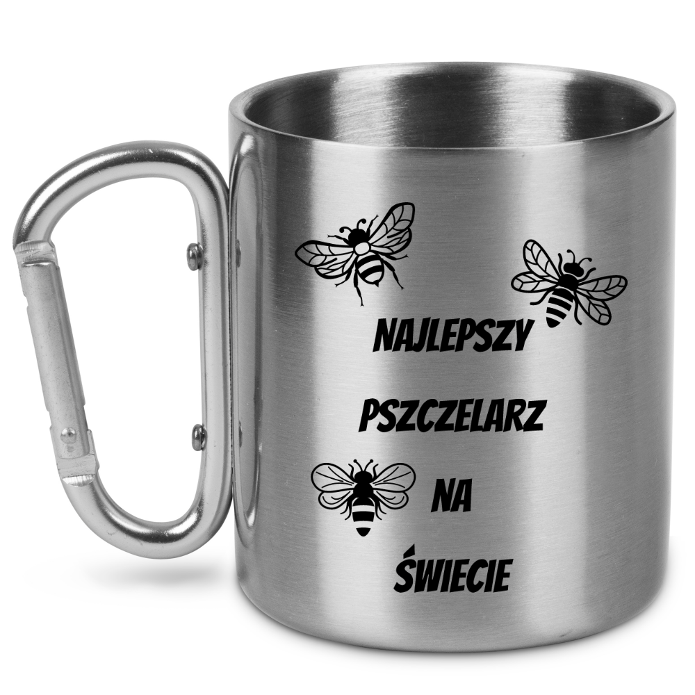 Kubek metalowy ze srebrnym karabińczykiem i nadrukiem "Najlepszy pszczelarz na świecie" #1