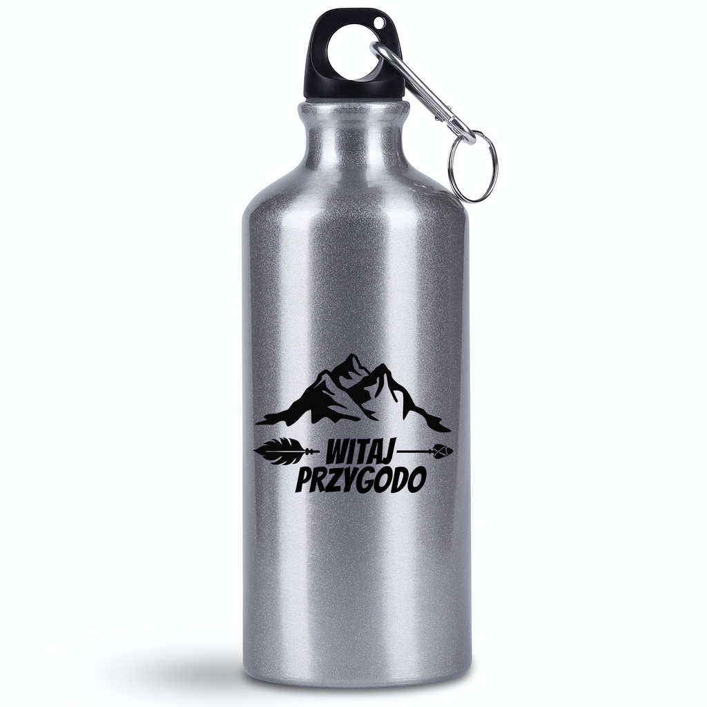 Bidon srebrny 500 ml z nadrukiem „Witaj przygodo” – namioty, camping, wyprawa #10