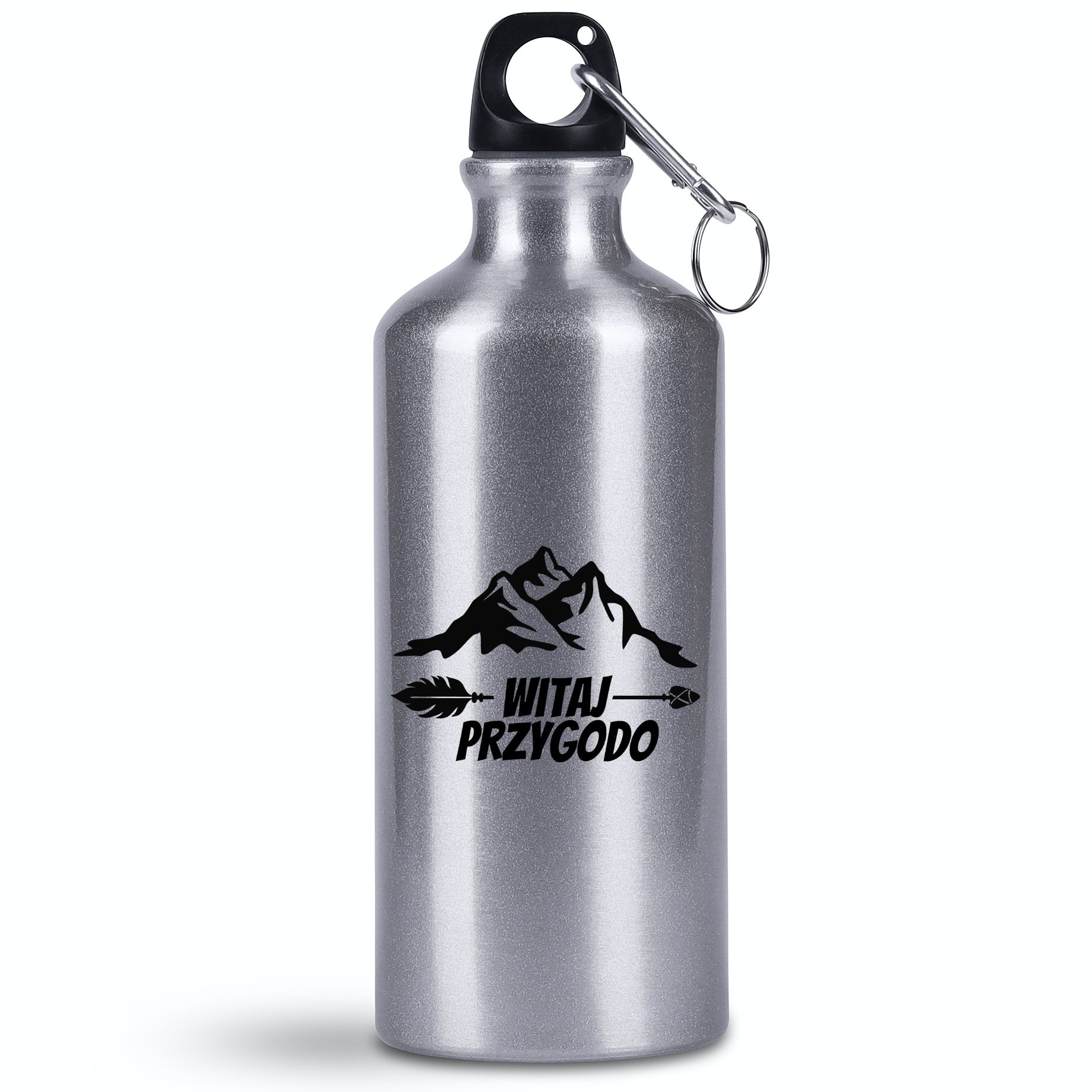 Bidon srebrny 500 ml z nadrukiem „Witaj przygodo” – namioty, camping, wyprawa #10