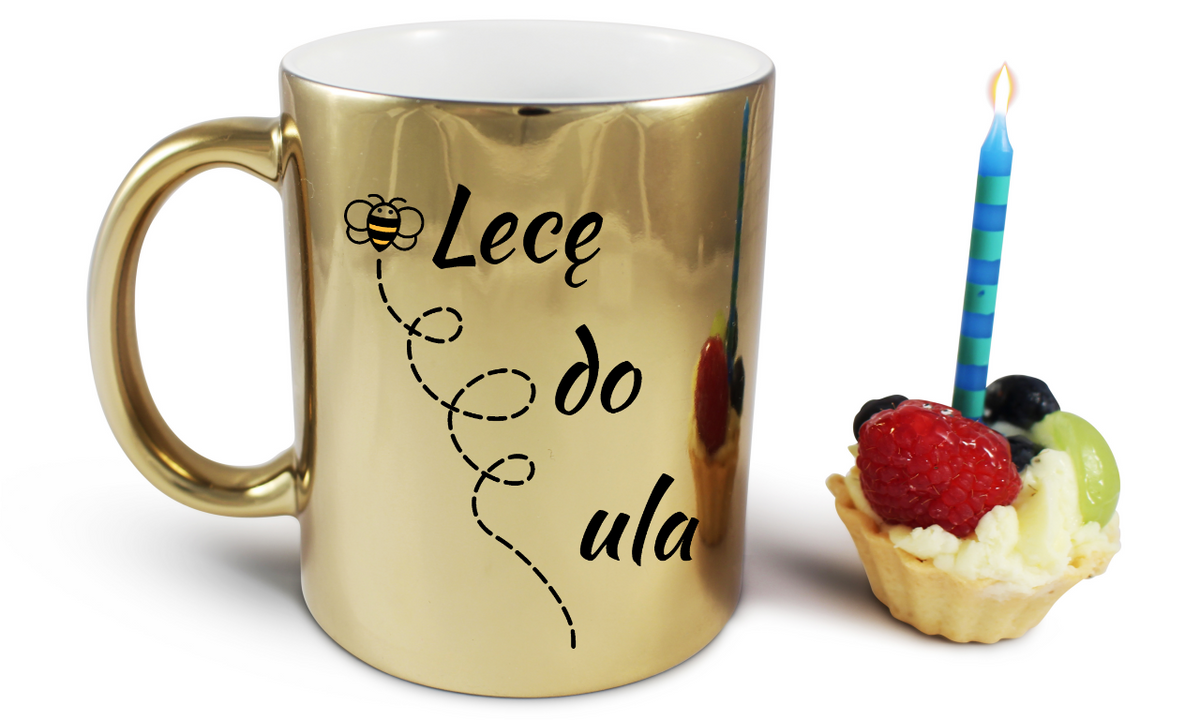 Kubek złoty z nadrukiem „Lecę do ula” – pszczelarstwo #7