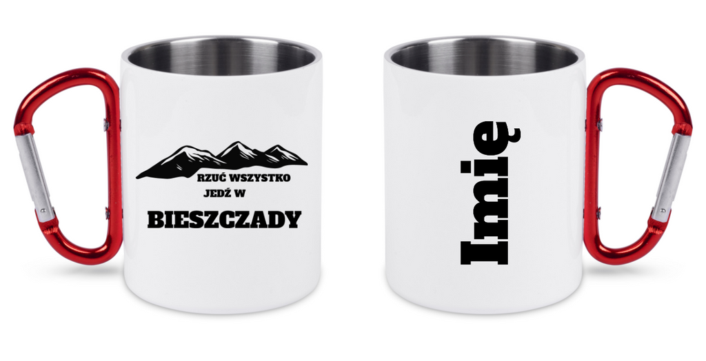 Kubek biały z czerwonym karabińczykiem, nadruk „Rzuć wszystko, jedź w Bieszczady” #4