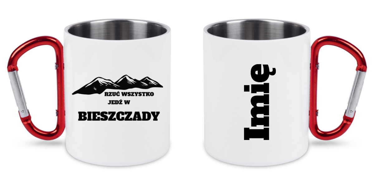 Kubek biały z czerwonym karabińczykiem, nadruk „Rzuć wszystko, jedź w Bieszczady” #4