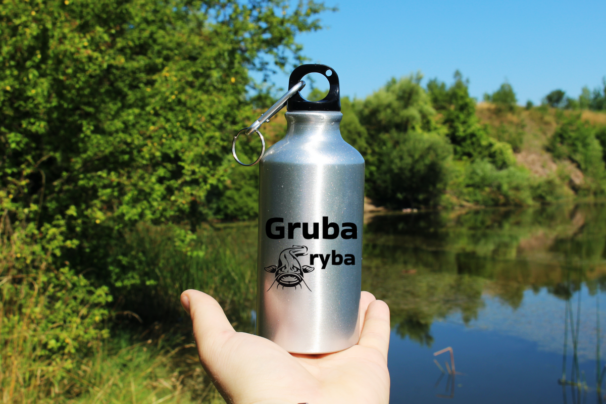 Butelka srebrna 400 ml z nadrukiem "Gruba ryba" – wędkarstwo #10