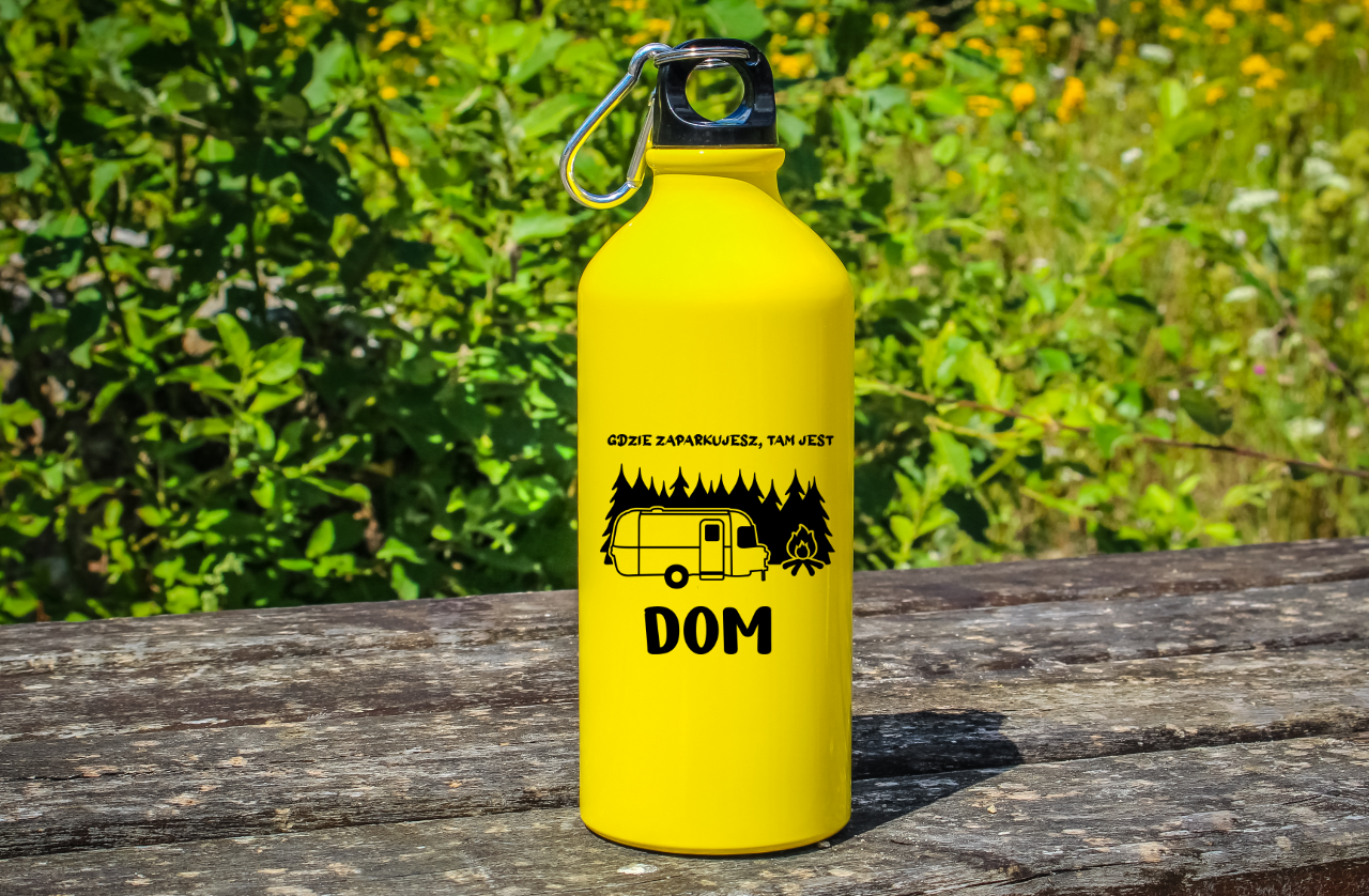 Butelka żółta 600 ml z nadrukiem "Gdzie zaparkujesz, tam jest dom" – camping, namiot, podróże #7