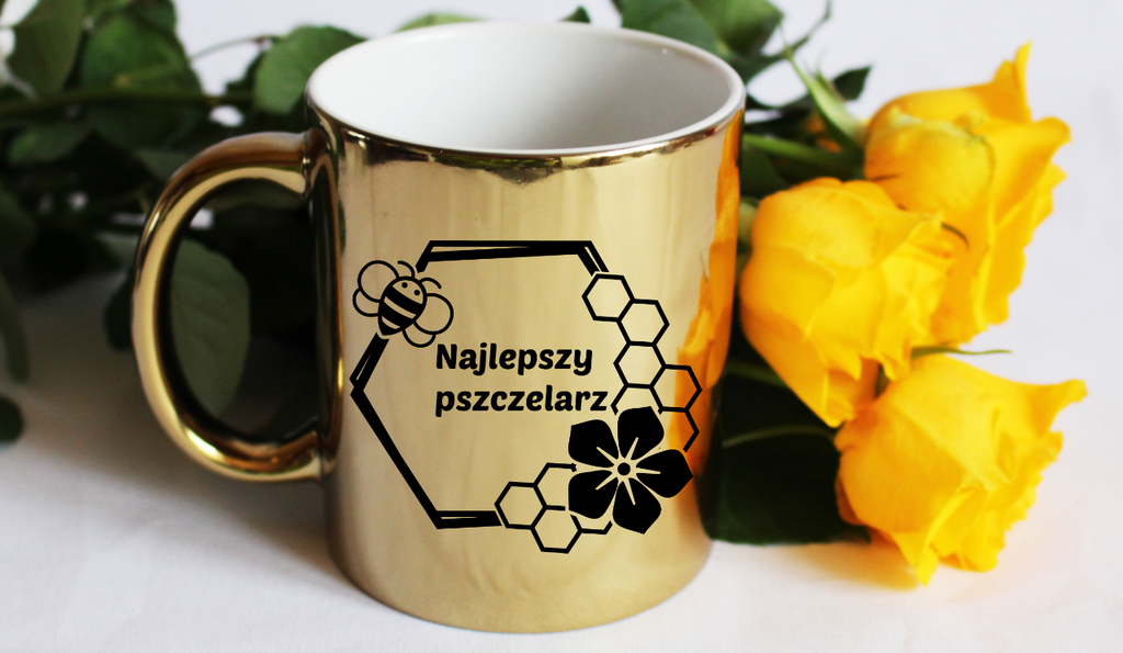 Kubek złoty z nadrukiem „Najlepszy pszczelarz” – pszczelarstwo #10