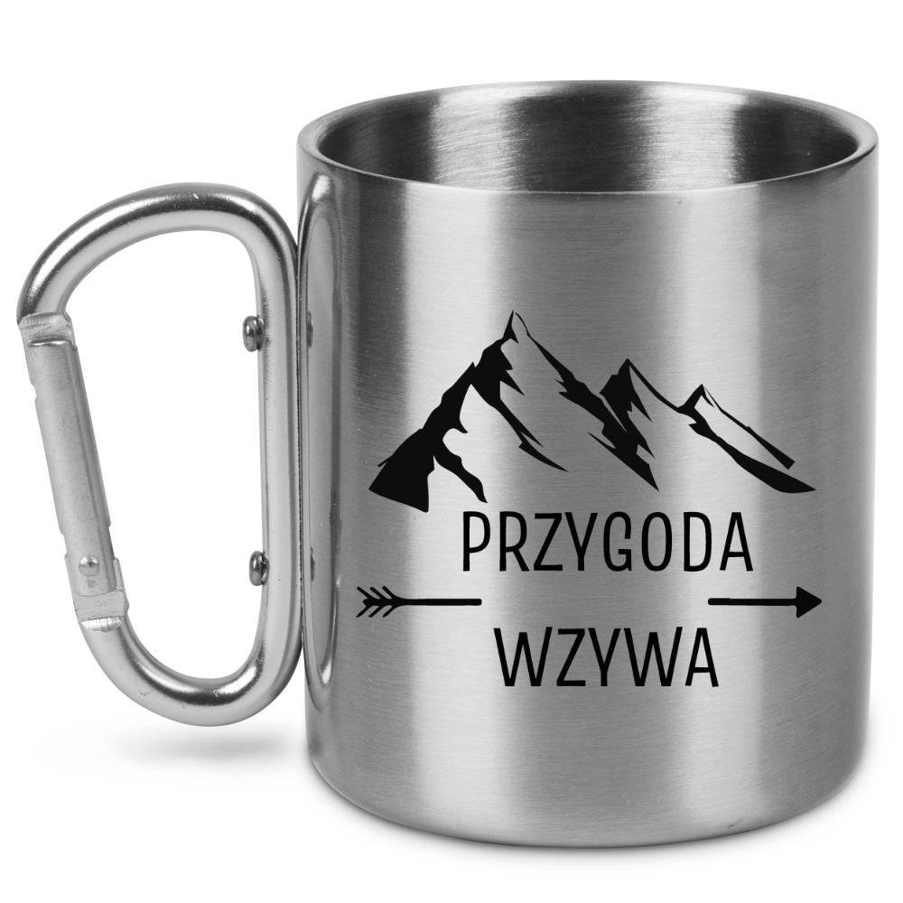 Kubek ze srebrnym karabińczykiem, nadruk "Przygoda wzywa" - podróż, trekking #3